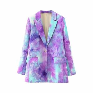 ネクタイ染料女性エレガントな緩い紫色のブレザーファッションレディースカジュアルロングジャケットスーツBoho女性のシックなブレザーガールズ210527