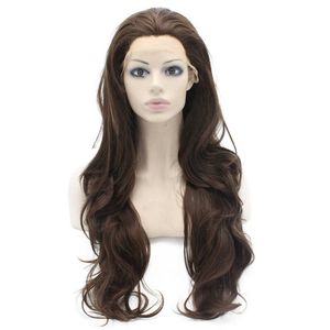 Peruca de cabelo sintético extra longa mistura marrom ondulada resistente ao calor alta qualidade 150% densidade frontal rendada peruca ondulada