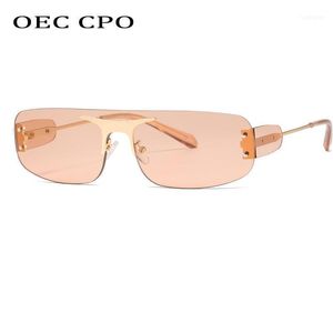 Light Brown Shade 패션 펑크 림이없는 선글라스 여성 작은 프레임 원피스 태양 안경 남자 안경 밝은 갈색 스타일 음영 UV400 O6931