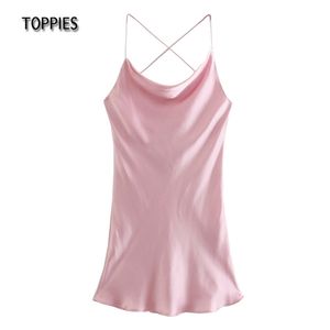 Sexy Pink Party Dress Woman Imitation silk Mini Camisoles Backless Elegant vestidos 210421