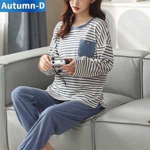 Donne abbigliamento da sonno donne in pigiama set di abiti a righe a righe autunno pijamas rotonde a collo rotondo camine da notte comode per pigiami 211215