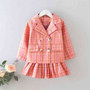 Gooporson Höst Barnkläder Plaid Coatskirt Little Girls School Uniform Mode Koreanska Barnkläder Ställ toddler Outfits 210715