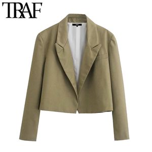 TRAF Women Fashion Loose Fitting Cropped Blazer Coat Vintage Notched Collar Long Sleeve Female Outerwear Chic Veste 210415