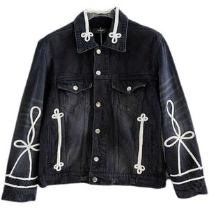 Męskie Kurtki Moda Marka Court Denim Mężczyzna High Street Style Heavy Industry Haft Twist Made Stare Casual Lapel Jacket