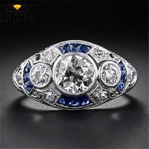 925 anillos Silver Retro Court Full Cubic Zirconia Ring For Women Ladies Elegant Blue Crystal Rings Banquet Sapphire Jewelry 211217