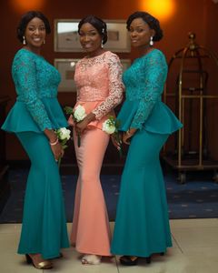 Afrika Basit Dantel Uzun Kollu Mermaid Nedime Elbiseler Jewel Boyun Peplum Saten Kat Uzunluk Balo Elbise Düğün Parti Elbise Custom Made