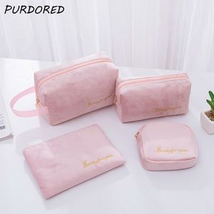 Purdored 3 PCS / Set Veludo Saco Cosmético Set Mulheres Sólidas Makeup Bag Organizador Travel Bolsa de Wash Saco Kit Neceser Kosmetyczka 220310