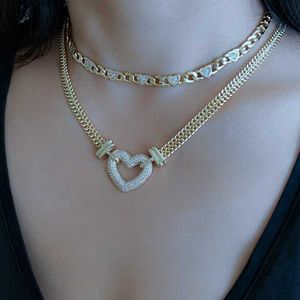 Fashion Gold Cuban Link Chain Choker Necklace Love Heart Punk Silver Color Cubic Zirconia Collar Necklace For Women Jewelry Gift X0707