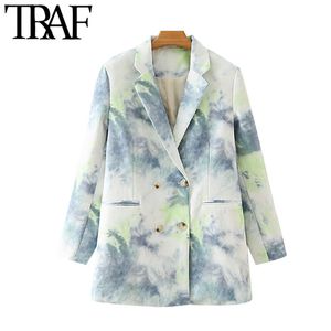 TRAF Moda Donna Doppiopetto Stampa Blazer Coat Vintage Tasche a maniche lunghe Capispalla femminile Chic Top 210415