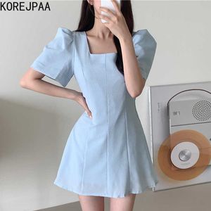 Korejpaa Frauen Kleid Sommer Koreanische Mode Chic Temperament Sanfte Elegante Quadratische Kragen Schlanke Blase Hülse EINE Kurze Kleider 210526