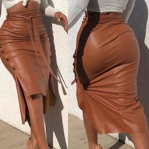 Women Buttoned Design Skirts PU Solid Sheath Fit Chic Midi Skirt Casual Slit Leather