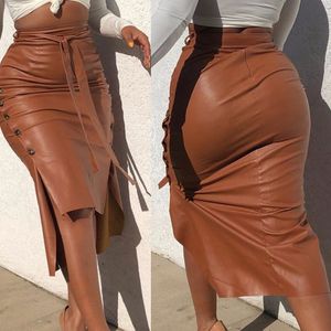 Women Buttoned Design Skirts PU Solid Sheath Fit Chic Midi Skirt Casual Slit Leather