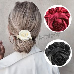 Ladies satin stretch hairband girl sweet pure color rose ribbon hair rope tangle ponytail new year headdress