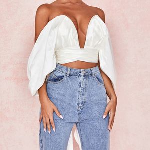 Sexig off Shoulder Glansig Tank Dam Djup V-ringad Rygglösa Vita Toppar Mode Rygg Stor rosett New Fashion Club Wear Tube Top 210422