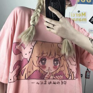 かわいい漫画甘いティーガール日本の街路壁原宿楽しみピンクカワイイカジュアルトップスulzzangヴィンテージ緩い夏の女性Tシャツ