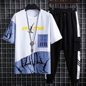 2020 Yeni erkek Seti Hip-Hop Streetwear Giyim Iki Parçalı Set T-Shirt Ve Ayak Bileği Uzunlukta Moda Pantolon Giysi Boyutu M-3XL X0610