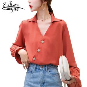 Hong Kong Stil Moda Tatlı Tilt Toka Kadın Gömlek Bluz Sonbahar Kadın Flare Kollu V Yaka Gömlek 6432 50 210508