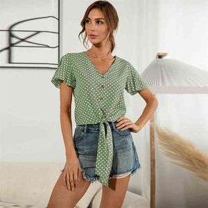 Yaz Polka Dot Baskı T-Shirt Kadın Moda Seksi V Yaka Kısa Fırfır Kol Düğmeleri Casual Gevşek Bandaj Bayanlar 210522 Tops