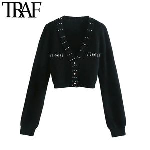 TRAF Women Fashion Faux Pearl Beading Beskuren Stickad Cardigan Tröja Vintage Långärmad Kvinnlig Ytterkläder Chic Toppar 210415