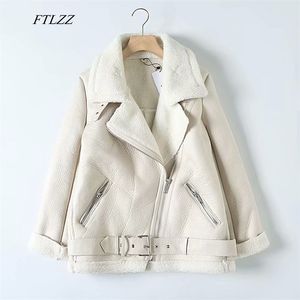 Mulheres faux couro macio cordeiro jaqueta de pele solta casaco de inverno quente cordeiros lã zipper zipper colar de cama outwear 210430