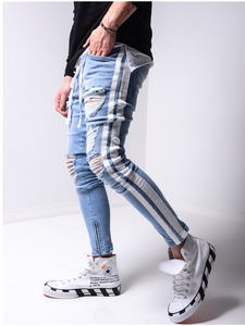 Homem rasgado lápis calças skinny denim biker lateral listrado jeans lado listra slim zipper design riscado hip-hop