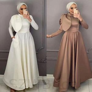 긴 무슬림 슬리브 이브닝 드레스 하이 목 새틴 라인 발목 길이 맞춤형 + 크기 크기 파티 가운 멍청이 nkle