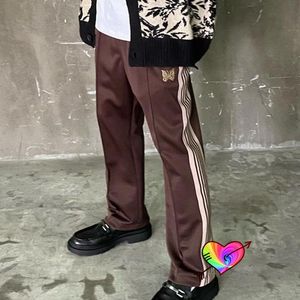 Men's Pants Brown AWGE Needles Men Women 1:1 High Quality White Stripe Track Embroidered Butterfly Staight Trousers