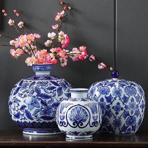 Vases Round Large Blue And White Porcelain Vase Chinese Vintage Creative Ceramic Ornaments Office Bookcase Plant Pots Decorative