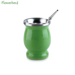 Yerba Mate Tea Cup Drinkware Teaware Isolerat Rostfritt Stål Straw Spoon Special Argentina Gourd Kaffe Mugg 210804