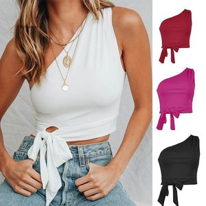 Sexy One Shoulder Crop Tops Off Sleeveless Short T-Shirt Womens Black Halter Bandage Tie Tees Fashion Streetwear