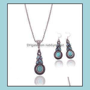 Earrings & Necklace Jewelry Sets Fashion Vintage Pattern Blue Crystal Turquoise Pendant For Party Women Dresses Aessories Sale 10 Drop Deliv