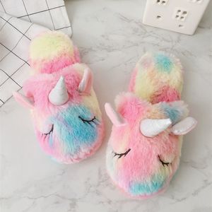 Damen Hausschuhe Sandalen Farbe Fantasie Einhorn Plüsch Home Boden Baumwolle Slipper Herbst Winter warme Schuhe