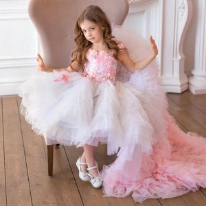 Rosa Lace Appliqued High Low Flower Girl Dresses for Wedding Toddler Pagant Gowns Bateau Neck Tiered Tulle Beaded Kids Prom Dre