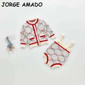 Baby Boy Clothes Set Printing Long Sleeve Sweater Coat +Straps Romper Cute 2 Piece Sets Girl Outfit 0-3 Years E20305 210610