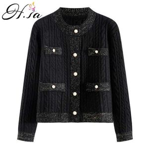 H.SA sueter mujer Elegant Female Sweater and Cardigans Button Up Pearl Beading Black White Formal Knit Jacket jersey mujer 210716