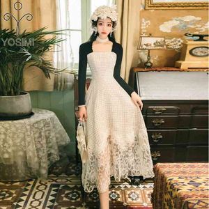 YOSIMI Vintage Long Women Dress Elegante Autunno Inverno Beige Lana Manica lunga in pizzo Ricamo Evening Party Vestido femminile 210604