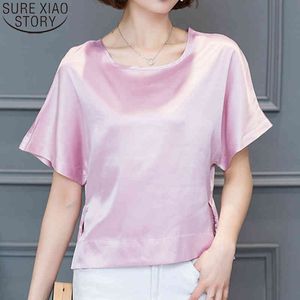 Round Collar Silk Chiffon Shirts Women Summer Loose Short Batwing Sleeve Elegant Solid Laides Tops Blusas 9171 50 210417