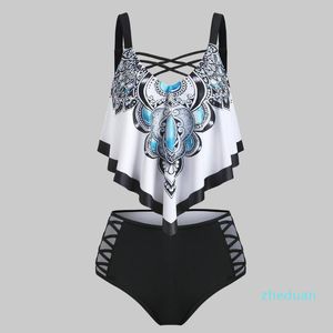 Цельные костюмы Женщины BOH Print ruffles Halter Bukini Push-up Magned Overlay Floud Crisscross Tankini Купальники Высокая талия Бикини Набор монока