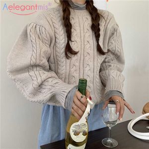 Aelegantmis Puff Sleeve Oversize Casual Women Solid Twist Pullover Koreansk Fashion Loose Vintage Kvinna Sticka Twisted Sweater Chic 210607