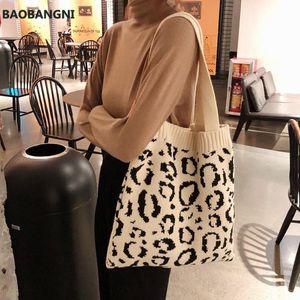 Cross Body Women Leopard Knitting Tote Shoulder Bags Casual Weave Handbags Female Large Capacity Soft Shopping Bag Cute Book For Girls