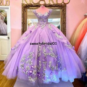 メキシコライトパープルQuinceaneraドレスアップリケ恋人レースビーズスウィート16 Pageant Gowns 2021 Vestidos de 15Años