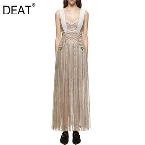 [DEAT] Summer Fashion V-neck High Waist Ankle-length Hollow Out Solid Color Loose Sling Dress Women 13D198 210527