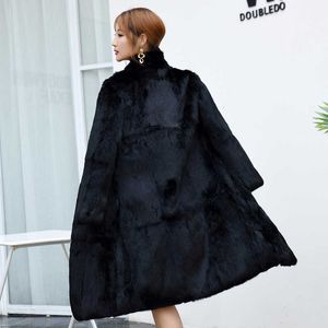 Real genuine natural full pelt whole skin rabbit fur coat women fashion stand collar 100CM length jacket ladies overcoat outwear T191118