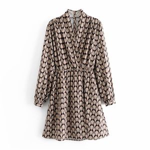 Streetwear Women Geometric Print Dresses Fashion Ladies Asymmetric Dress Vintage Female Elegant V-Neck Loose Vestidos 210427