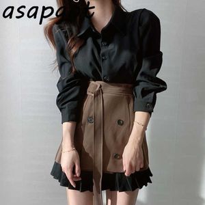Elegant Single-breasted Lapel Shirt Pleated Dress Office Lady Retro High Waist Lace Up Double Breasted Skirt Mini Temperament 210610