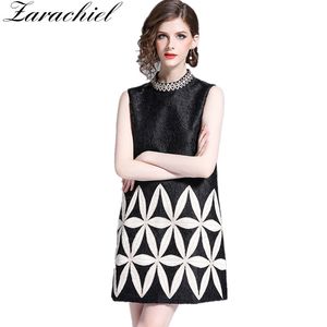 Office Lady Runway One Piece Summer Women's Sleeveless Luxury Embroidery Jacquard Printed Pocket Straight Dress 210416