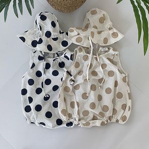 Bebek Kız Tulum + Kap Bebek Giyim Polka Dot Kolsuz Cep Toddler Kore Yaz Bodysuits 210429