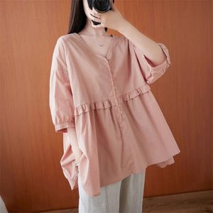 Summer Arts Style Women Short Sleeve Loose V-neck Shirts All-matched Casual Cotton Linen Blouses Big Size Tops M68 210512