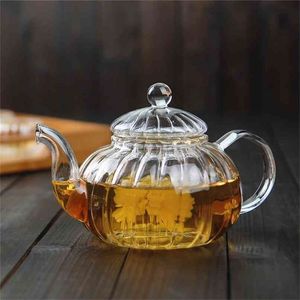 600ml Striped Pumpkin Form Blomma Tekanna Glas Tekanna med Infuser Tea Leaf Herbal Heat Resistant Pot Flower Teacup 210724