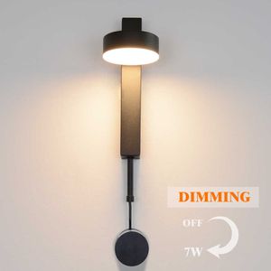 Modern LED-vägglampa med knoppbrytare Dimbar vägglampa Inomhusbelysning Justerbar 7W 9W Svart För Sovrum Bedside Aisle Stair 210724